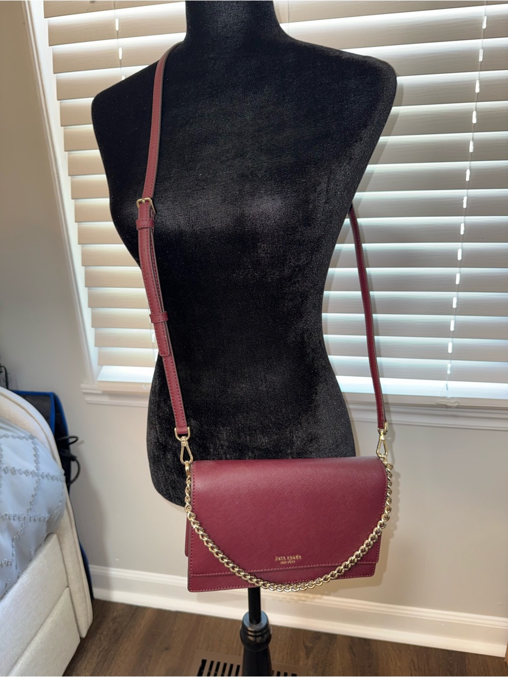 Kate Spade New York Burgundy Saffiano Leather Chain Crossbody